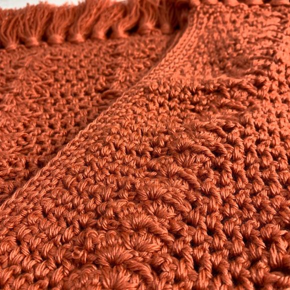Crochet Afghan Blanket Throw Hand Crafted Salmon Pink Orange Fringe 45 x 39 - Picture 6 of 11